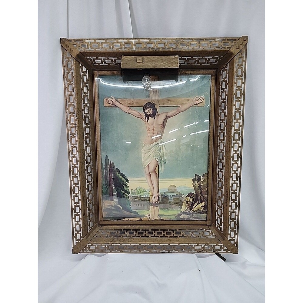 Vintage Lit Jesus On The Cross For Parts Or Repair 21.5x17.5 Read Description